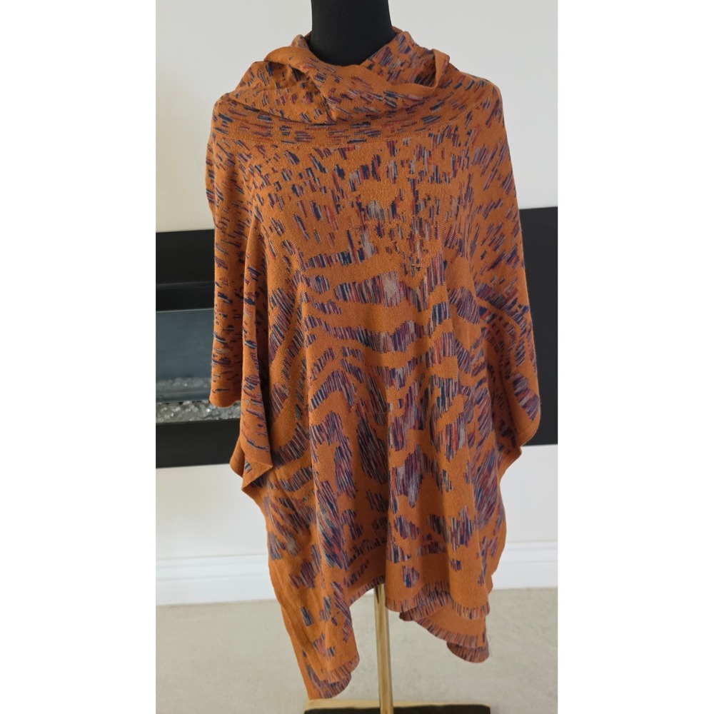 Ali Miles Abstract Knit Poncho Cowl Neck Lagenlook Boho Artsy SZ L Art to wear